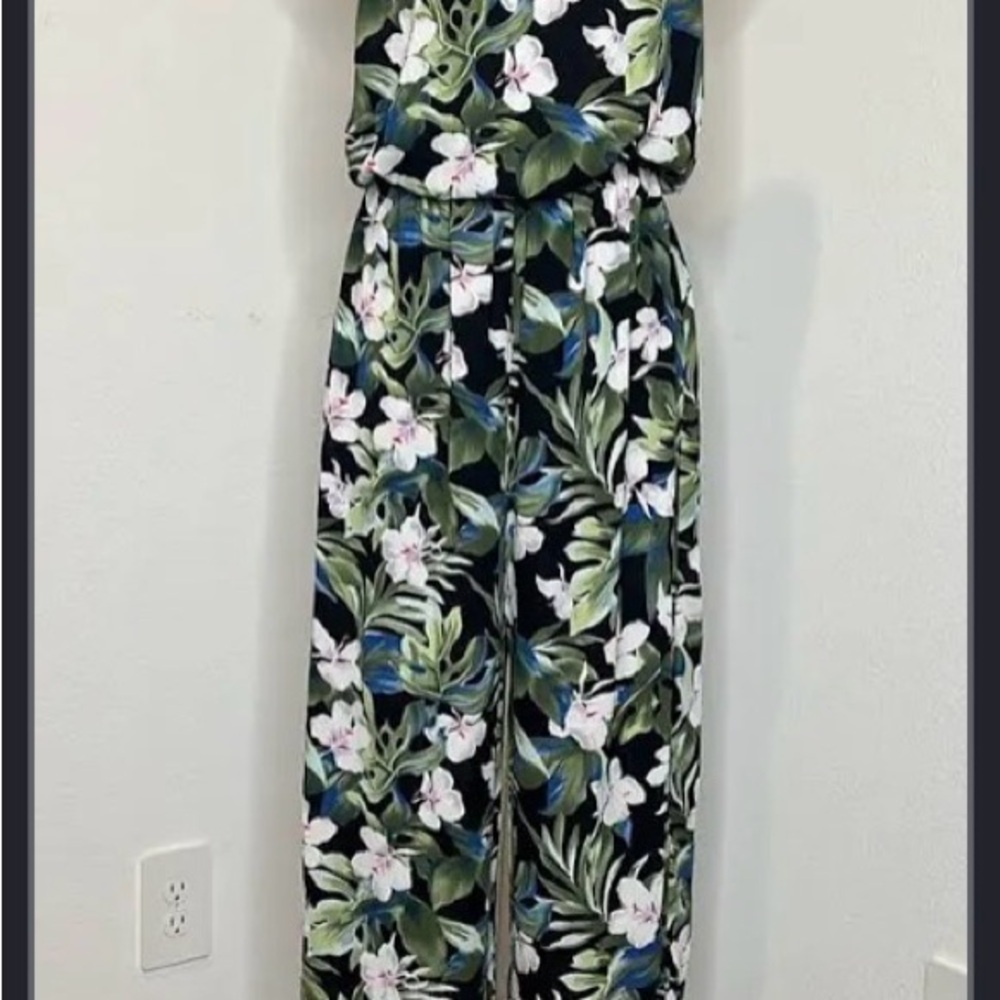 Show Me Your MuMu Black Wide-Leg strapless jumpsuit Pants with Green Leaves